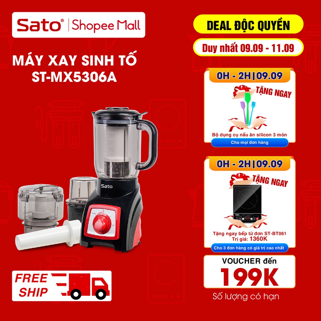 Máy xay đa năng 3 cối cao cấp 1.4L SATO chất liệu nhựa ABS an toàn, chịu lực tốt - ST-MX5306A