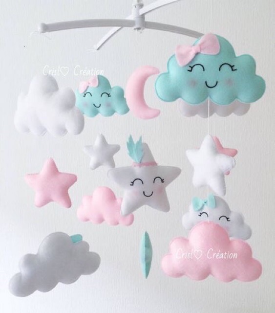 Treo nôi Kin’s shop handmade chất liệu vải nỉ mềm cao cấp đám mây trăng và ngôi sao kích thích thị giác bé, làm bằng tay