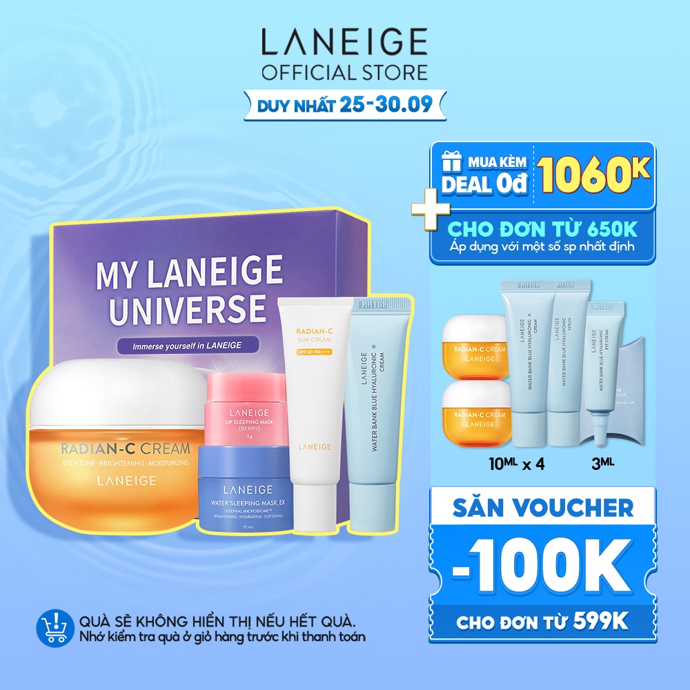 Bộ sản phẩm dưỡng sáng và làm mờ đốm nâu Radian C và quà tặng dưỡng ẩm da Laneige