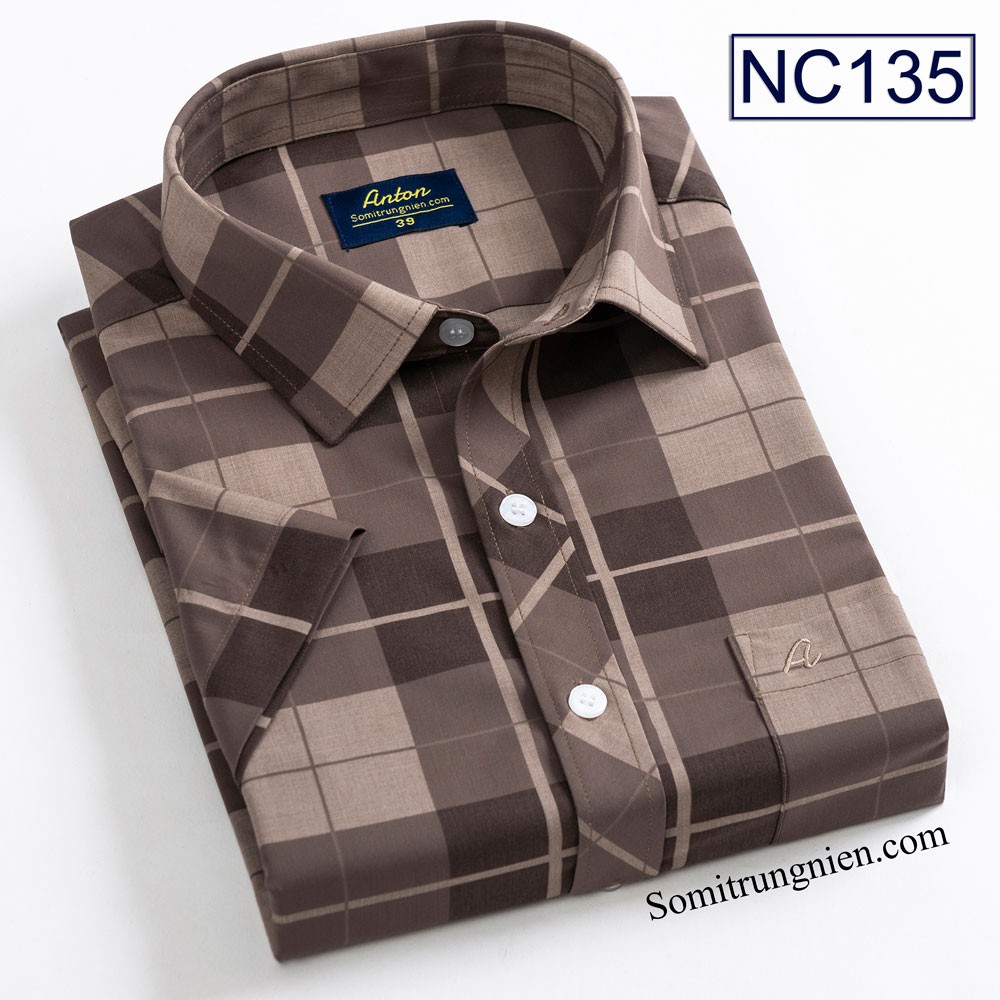 Áo Sơ Mi Nam Công sở Trung Niên Ngắn Tay Thương Hiệu Anton Kẻ Caro Màu Nâu Sợi Tre Thấm Hút NC135