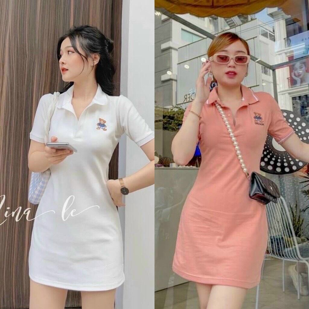 Đầm polo in gấu học sinh đi học, váy polo kèm họa tiết hoạt hình mang đi chơi,...