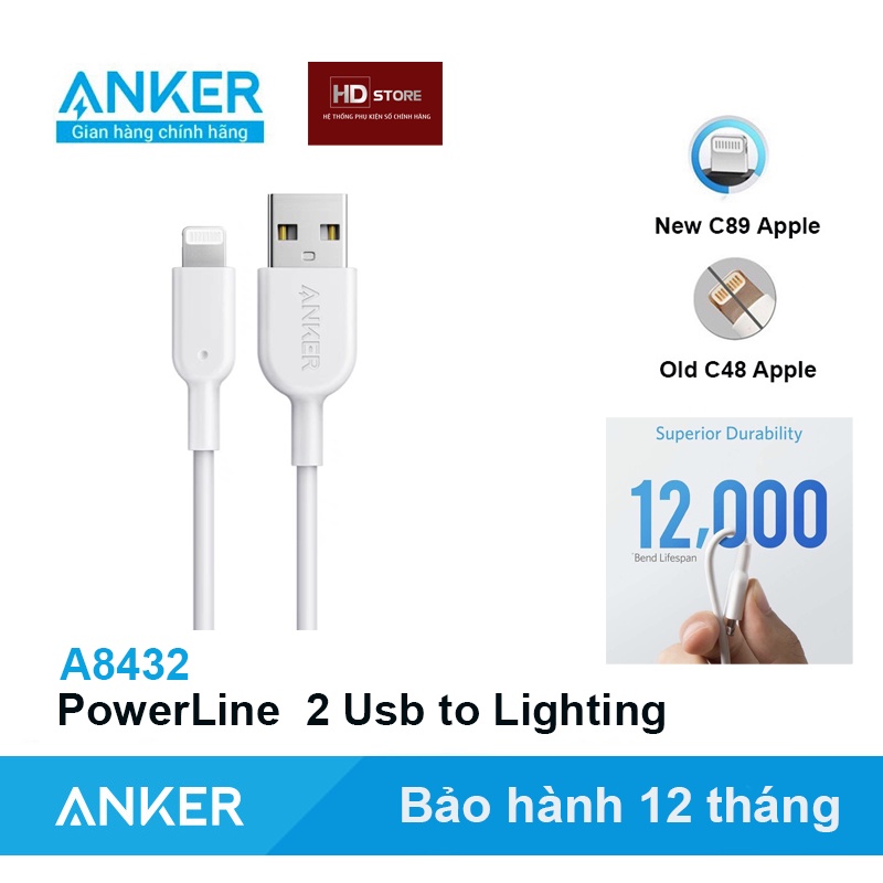 Cáp ANKER Powerline II  Usb to Lighting Iphone  MFI Chip C89 Bạc  -  A8432 dài 0.9 Mét  Chính hãng sạc Iphone Ipad