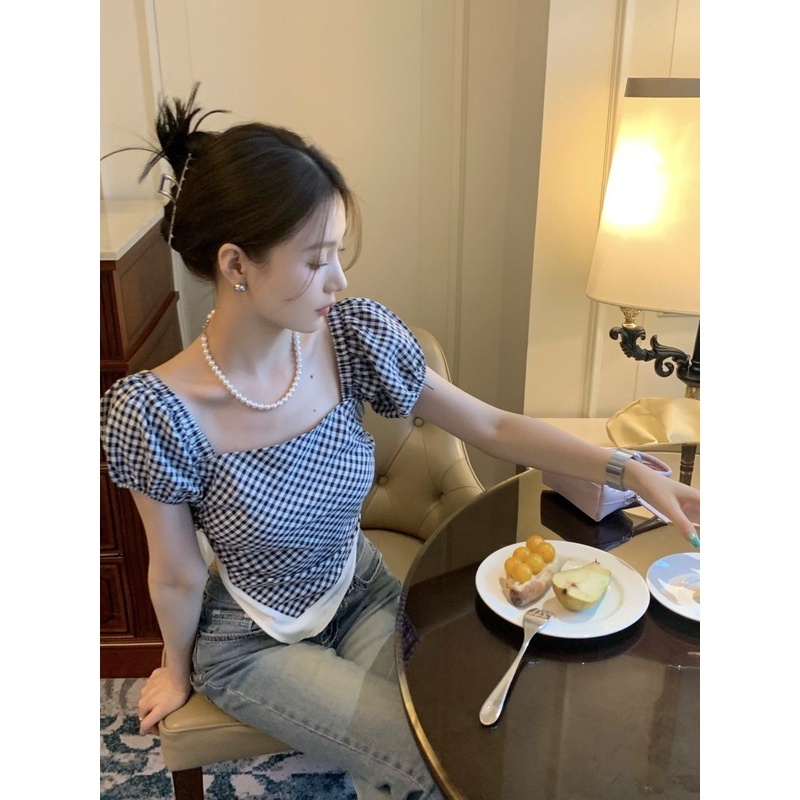 Áo Sơ Mi Tay Phồng Cổ Vuông Họa Tiết Kẻ Sọc Dễ Phối Đồ Thời Trang Mùa Hè Cho Nữ