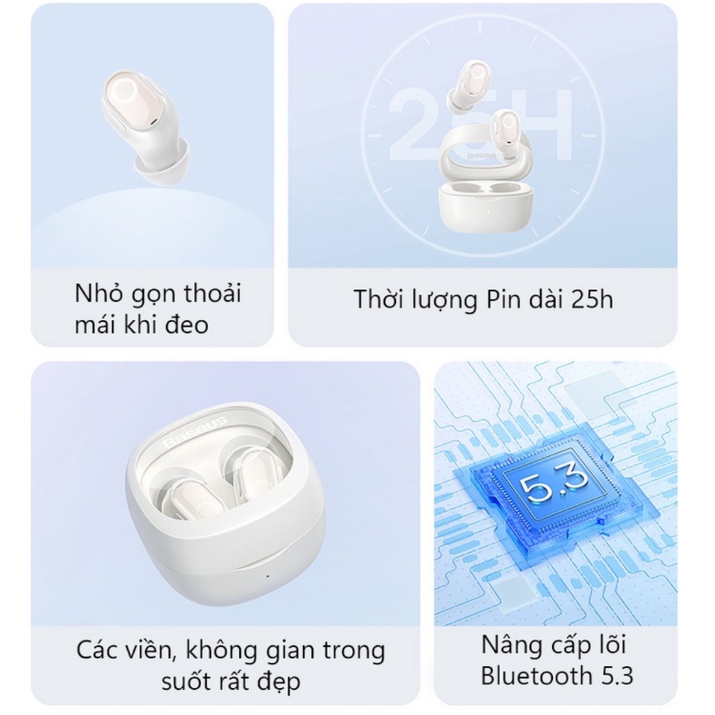 Tai Nghe Nhét Tai Không Dây Baseus WM02 Bluetooth 5.3 TWS Chống Ồn Chống Mồ Hôi Pin Trâu Tới 25h Nghe - Bảo Hành 12T