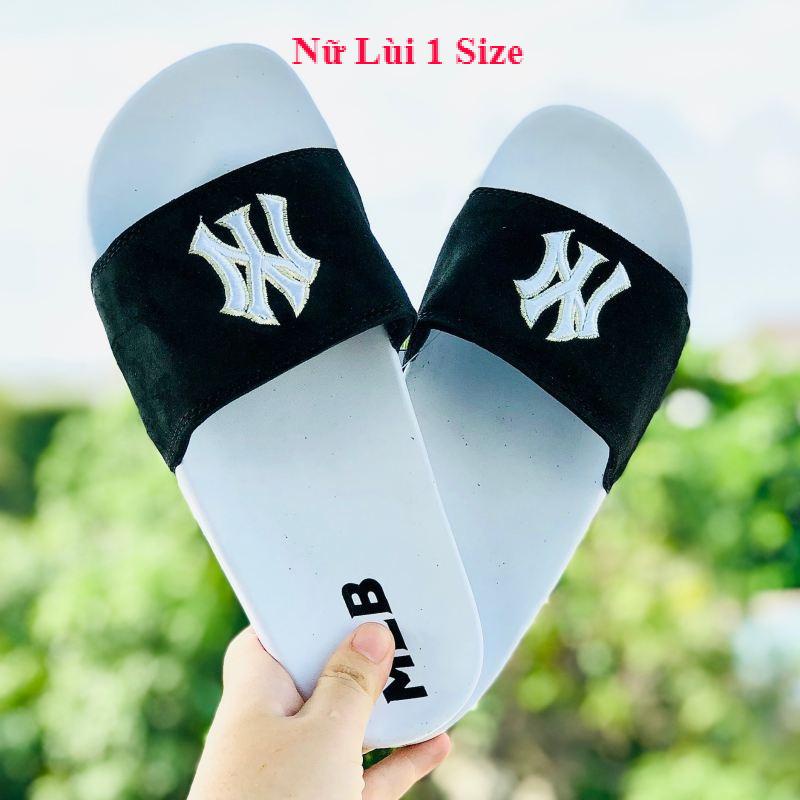Dép unisex 𝐌𝐋𝐁 ❤️FREESHIP + Hộp❤️ dép mlb bóng chày quai ngang thể thao nữ in NY da lộn, đế ip bền, trắng-đen