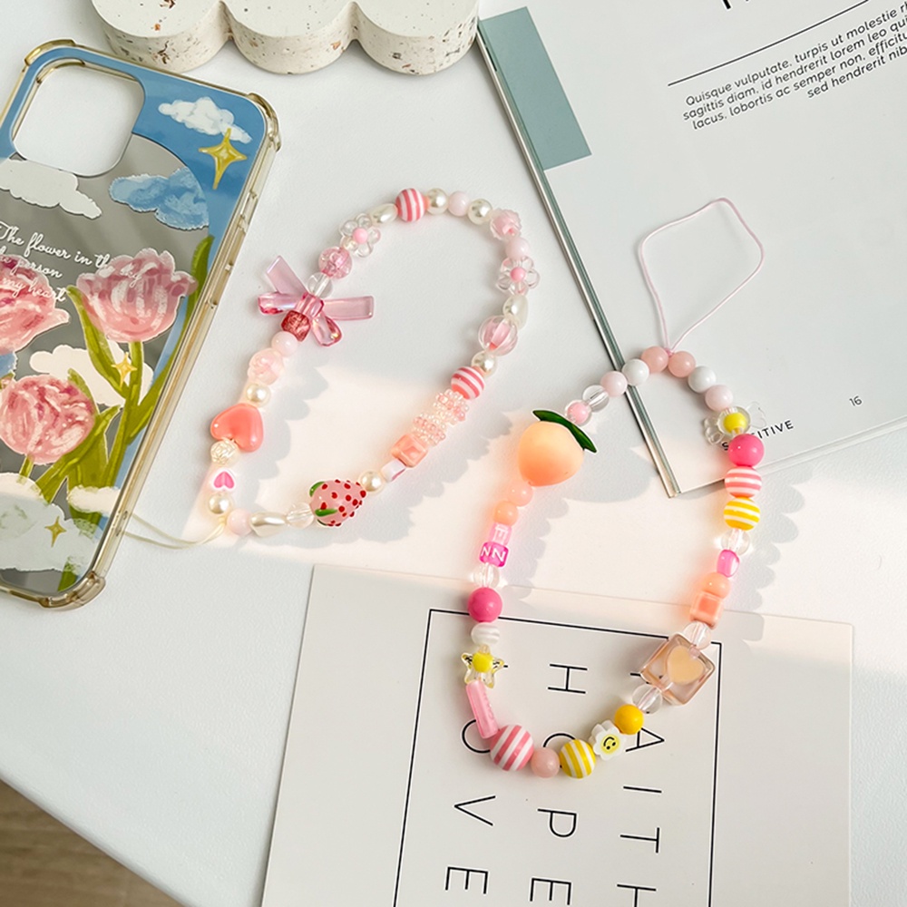 Dây Đeo Điện Thoại Xâu Hạt Diy Hình Quả Dâu / Gấu Hồng / Đào Dễ Thương