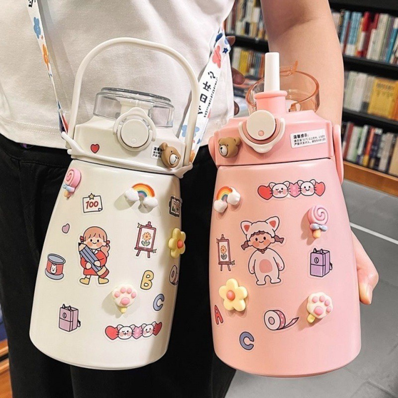Bình giữ nhiệt 1000ml có ống hút lõi inox 304 giữ nhiệt 12h tặng Sticker trang trí siêu dễ thương