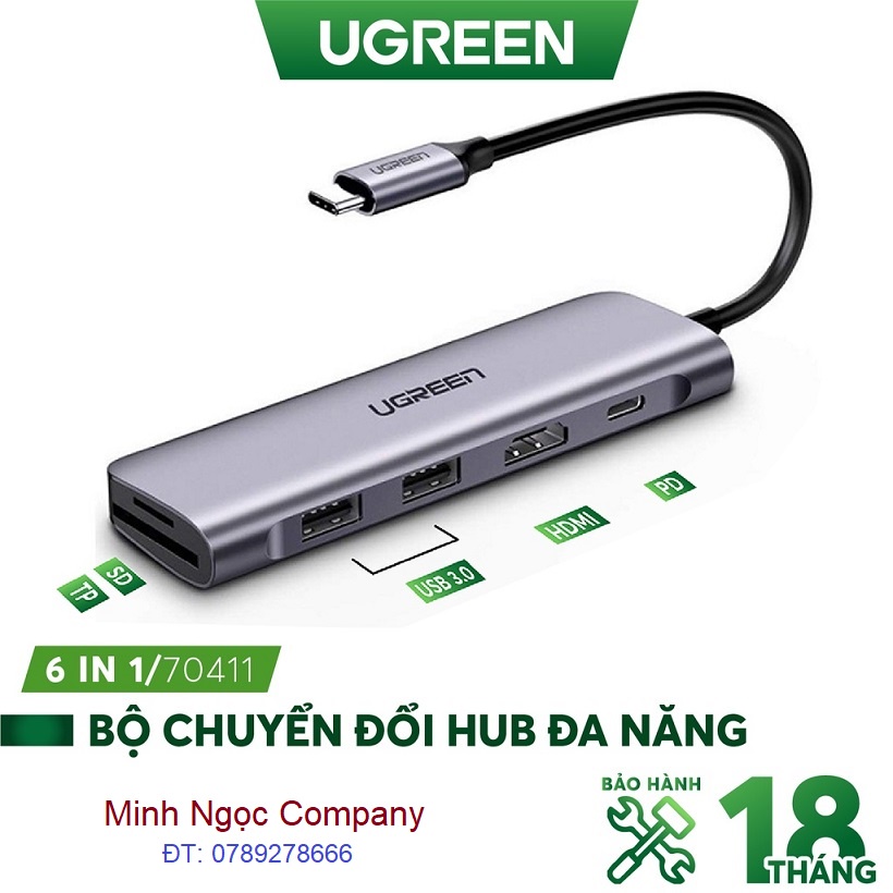 HUB bộ chuyển đổi USB Type C sang HDMI/USB 3.0/SD/TF hỗ trợ sạc cổng USB Type-C chính hãng Ugreen 70411