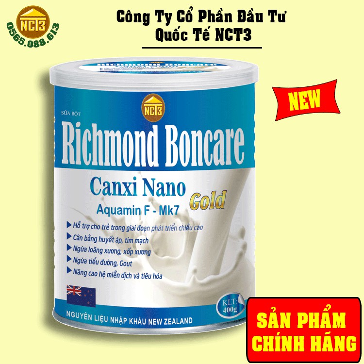 Sữa Bột Tăng Chiều Cao Cho Trẻ Richmond Boncare Canxi Nano Gold (900G) ( Hàng chính hãng công ty NCT3 )