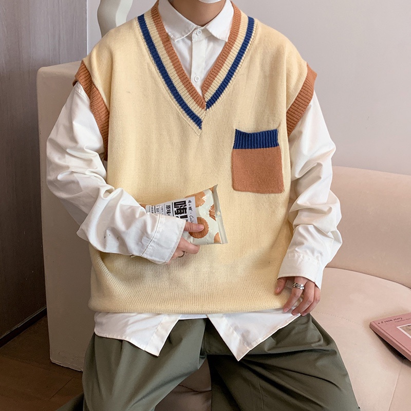 Áo khoác len không tay cổ chữ V màu sắc thời trang dành cho nam unisex áo len nam hàn quốc unisex áo len nam hàn quốc