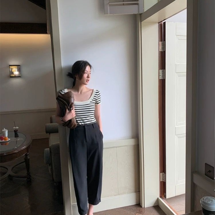 SUXI Áo Dệt Kim Tay Ngắn Cổ Vuông Dáng Rộng Họa Tiết Kẻ Sọc Thời Trang Mùa Hè Xinh Xắn Cho Nữ