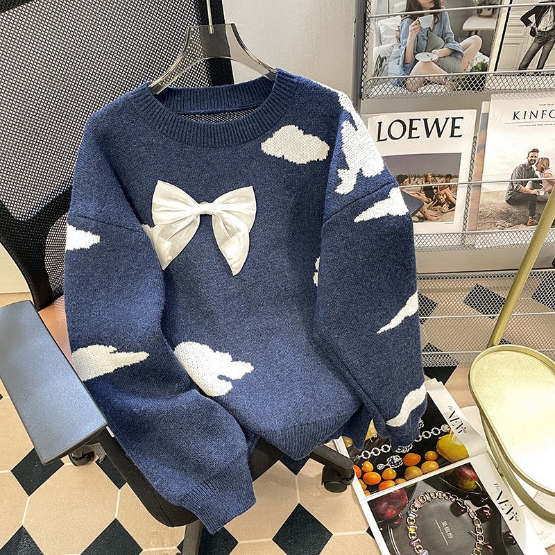 Áo Sweater Cổ Tròn Phối Nơ Xinh Xắn Theo Phong Cách Hàn Quốc