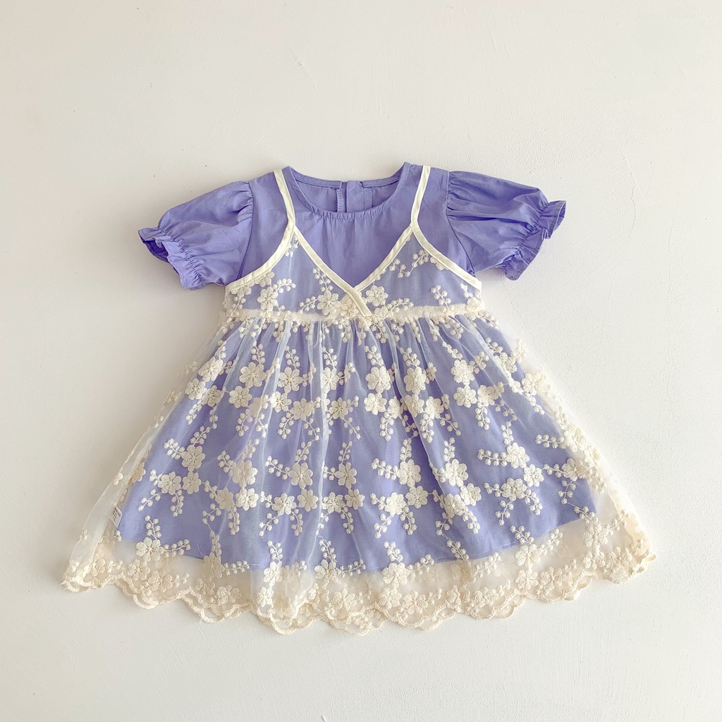 Bộ Đầm 2 Món Tay Ngắn Phối Lưới Thiết Kế Dễ Thương Cho Bé Gái Từ 1-5 Tuổi