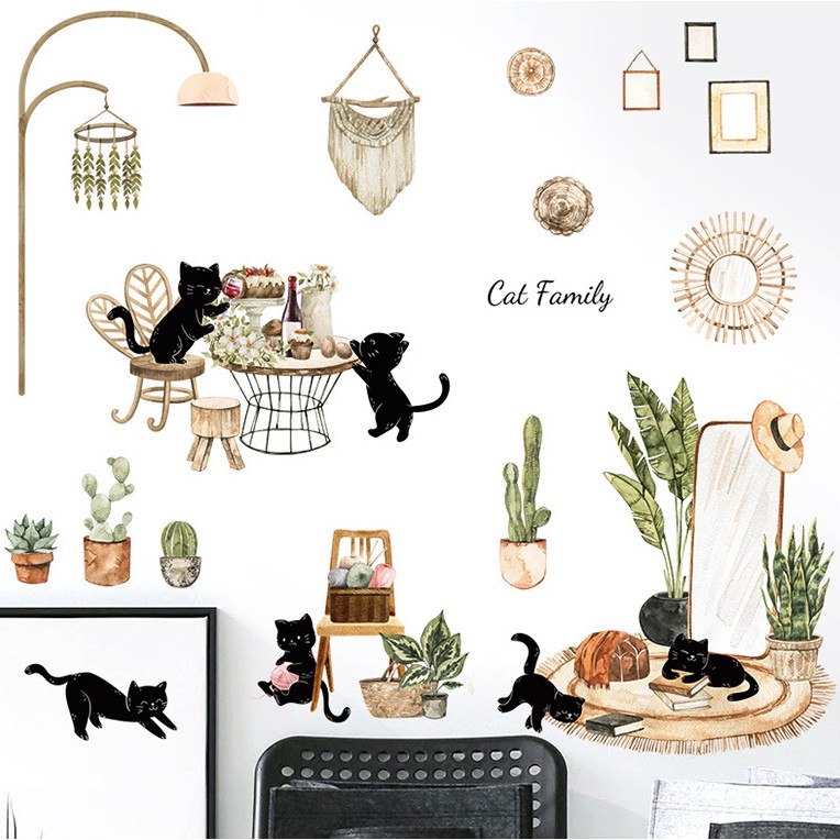 Decal dán tường Mèo đen đáng yêu chữ tiếng anh
