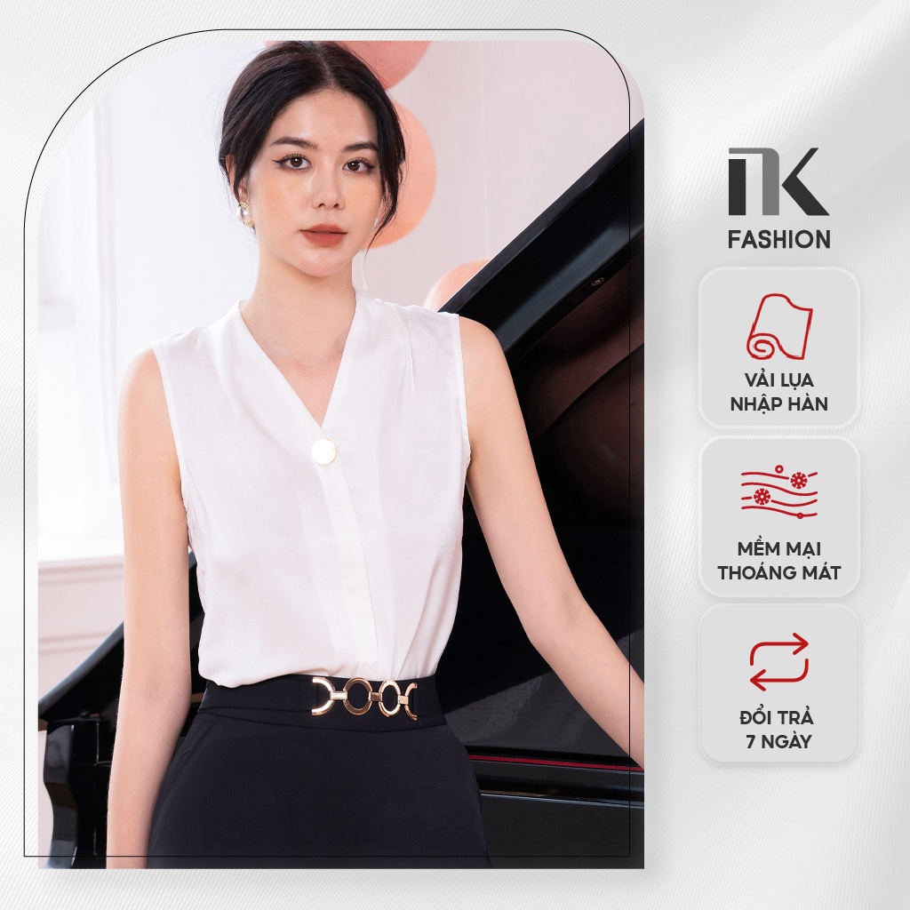 Áo Sơ Mi Lụa Nữ NK Fashion Thiết Kế Sát Nách Xếp Vai Đính Khuy Tinh Tế, Chất Vải Mềm Nhẹ NKSM2204004