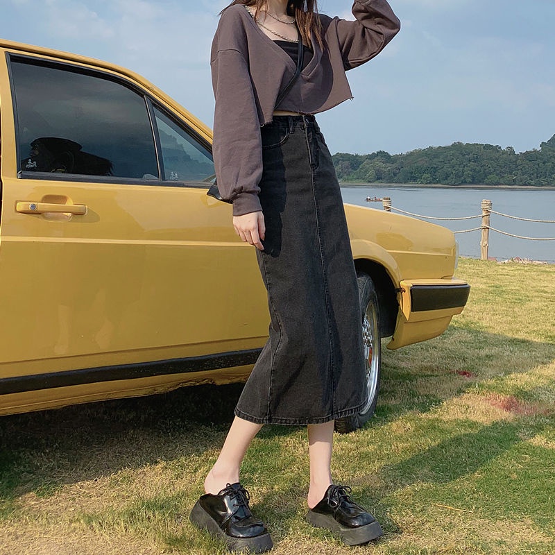 Chân váy jean COZOKC xẻ tà lưng cao thời trang Hàn Quốc