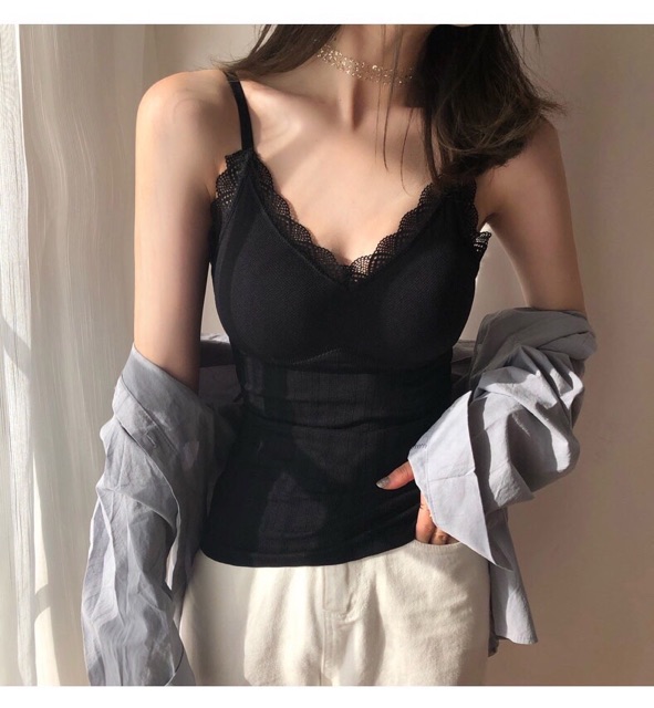 Áo Bra 2 Dây Cotton Thân Dài Viền Ren Gợi Cảm Có Đệm Nâng Ngực Kiểu Dáng Hàn Quốc 3328