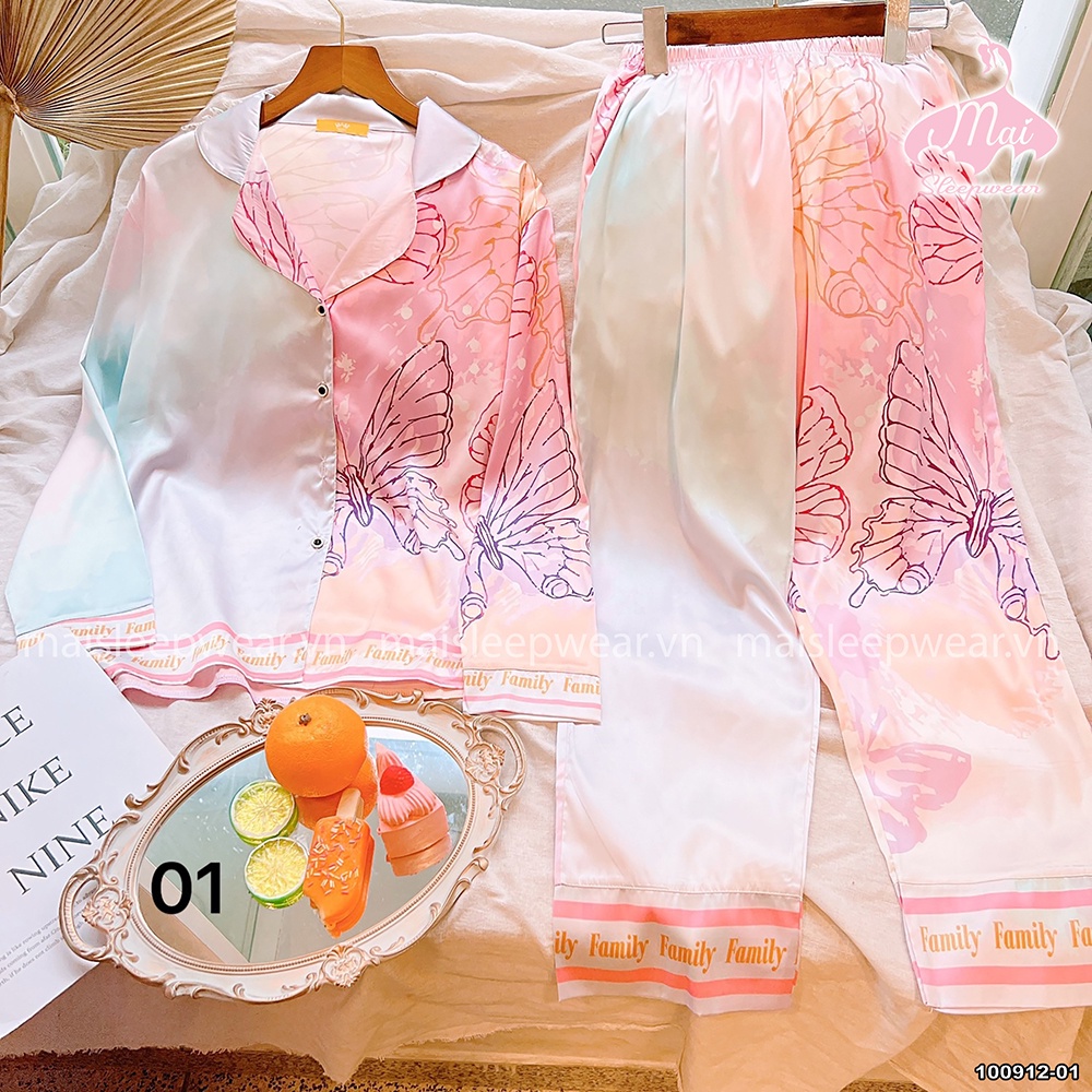 Bộ Đồ Ngủ Pyjama MAI SLEEPWEAR Lụa Mặc Nhà Áo Tay Dài Quần Dài Họa Tiết Trẻ Trung Cao Cấp MS912