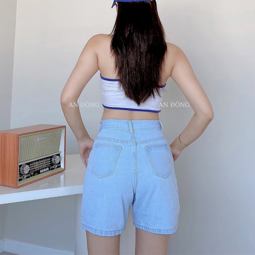 Quần short jean nữ, quần bò lửng ống rộng lưng cao ADO JEANS.