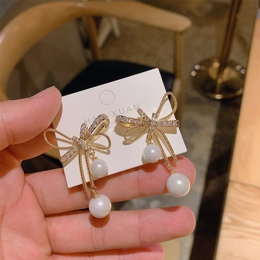 Cặp Bông Tai Nơ Đính Ngọc Trai Giả Thời Trang Nữ