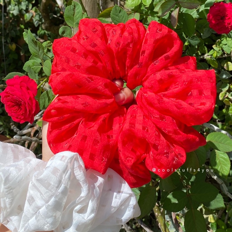 Buộc Tóc Scrunchies Voan Phồng Sọc ĐỎ/TRẮNG Size Trung