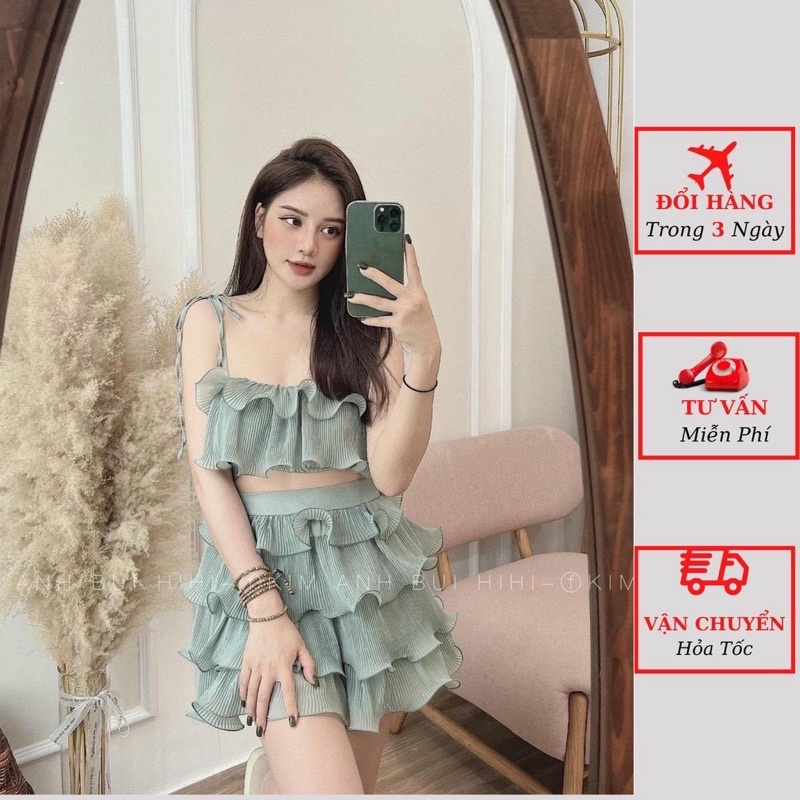 Sét áo 2dây dập li chân váy bèo tầng