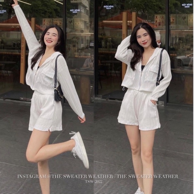 Set Bộ Thể Thao Nữ 3 Món Áo Khoá Mũ Tay Dài Kèm Bra Và Quần Sooc