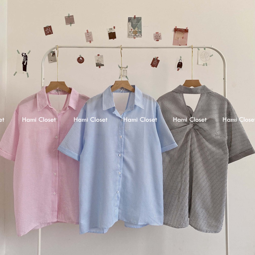 Áo sơ mi kẻ caro ngắn tay cổ đức xoắn sau lưng phong cách ulzzang Hàn quốc