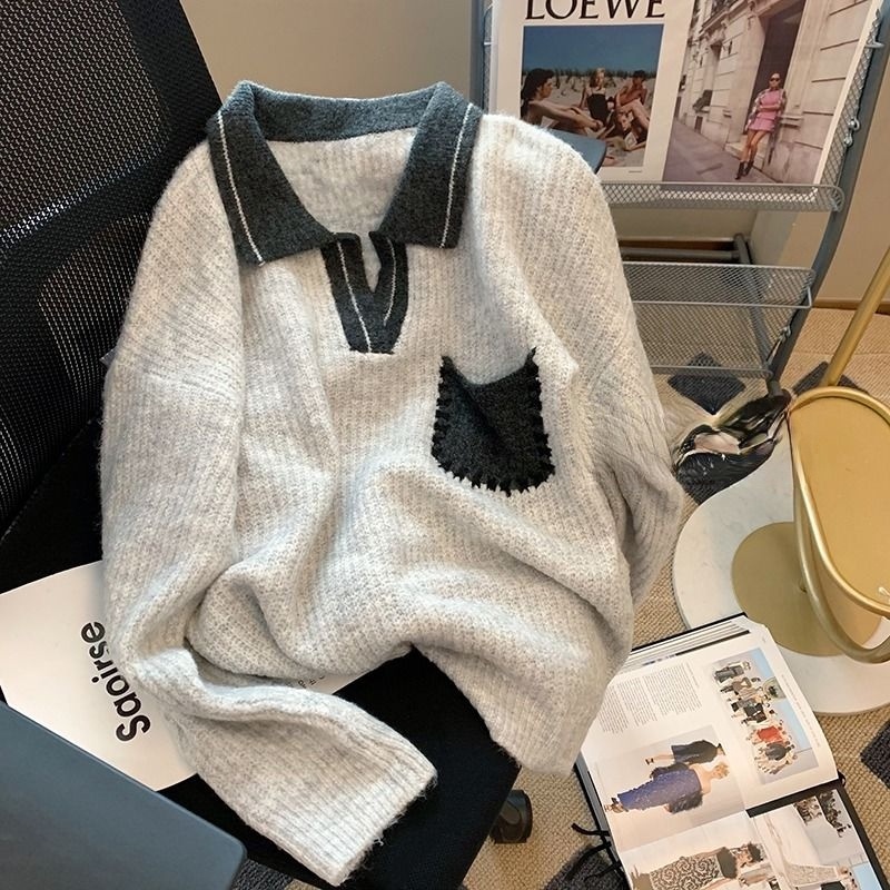 Áo sweater Dệt Kim Cổ polo Màu Tương Phản Phong Cách Phương Tây Thời Trang Thu Đông Cho Nữ