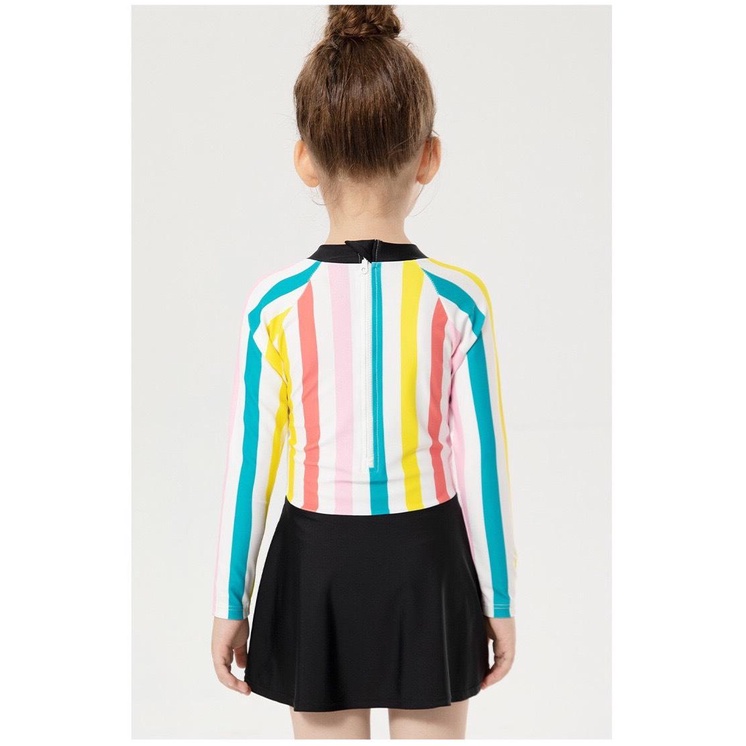 Bộ bơi bé gái dài tay trắng kẻ hồng xanh, liền chân váy, Momasong Korea