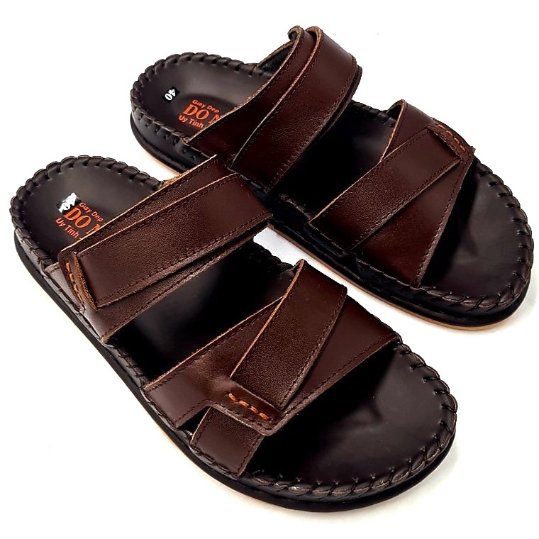 Dép quai ngang nam da bò cao cấp, 02 lớp da mềm mại, donavydela, kiểu 02 quai kép, may Handmade quai và đế rất chắc