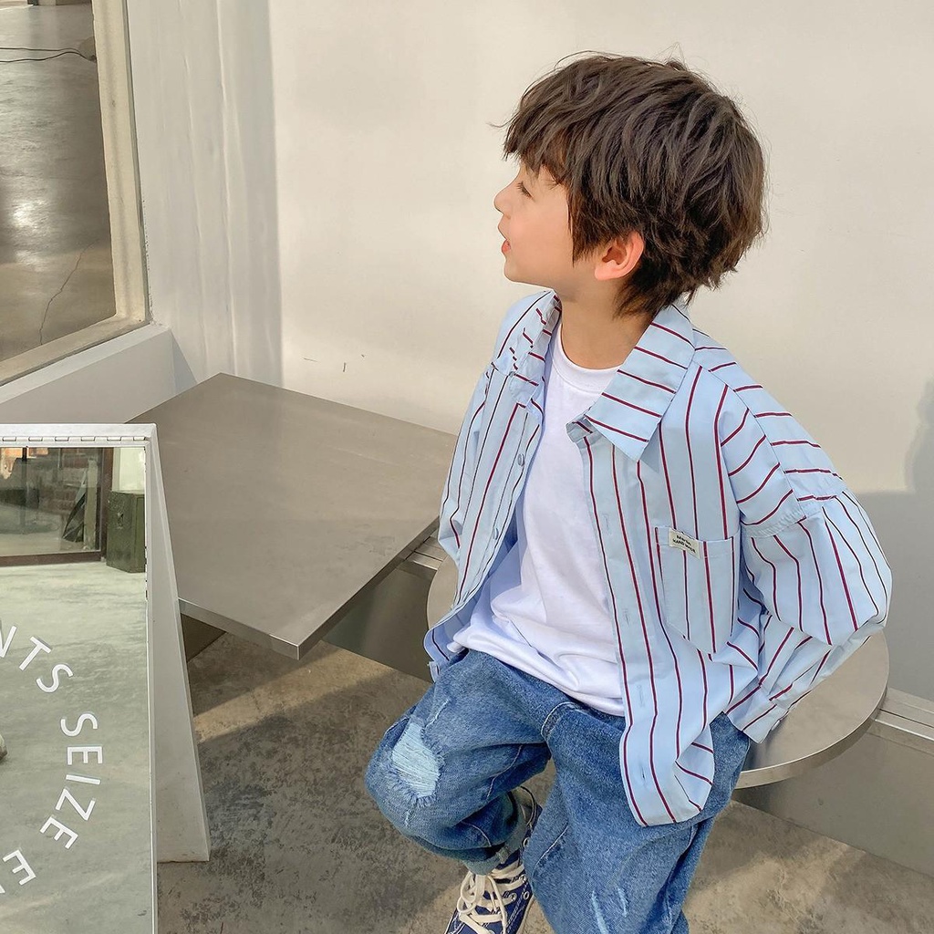 Áo Sơ Mi Cotton Tay Dài Họa Tiết Kẻ Sọc Thời Trang Xuân Thu 2022 Cho Bé Trai