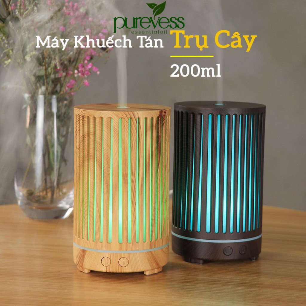 Máy xông tinh dầu Purevess hình trụ 200ml - hàng chính hãng, bảo hành 6 tháng, phun sương tạo ẩm, khuếch tán tinh dầu