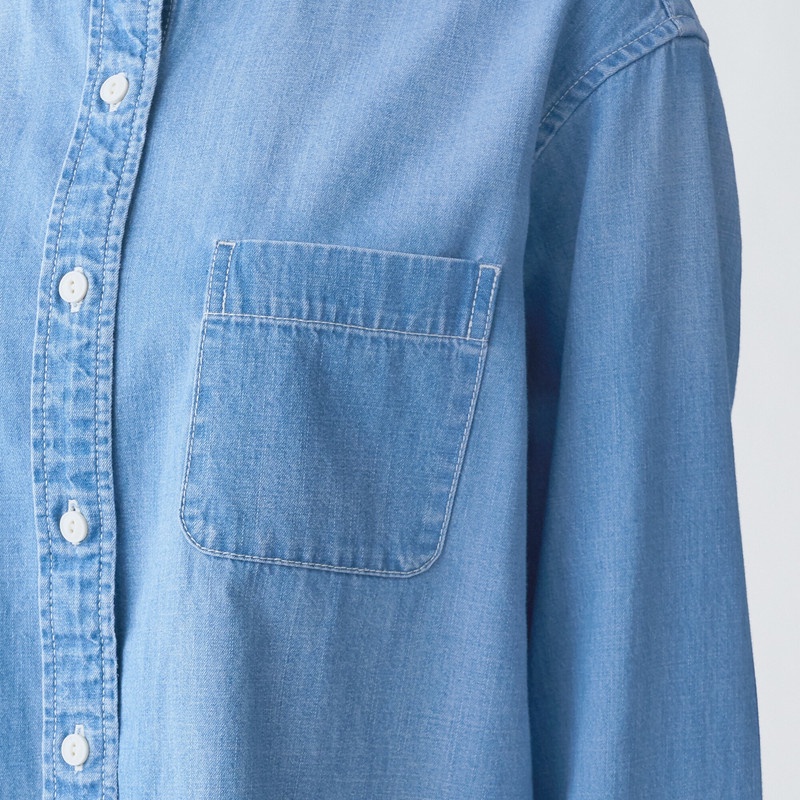 Muji Áo Sơ Mi Denim Cotton Ấn Độ Cổ Trụ