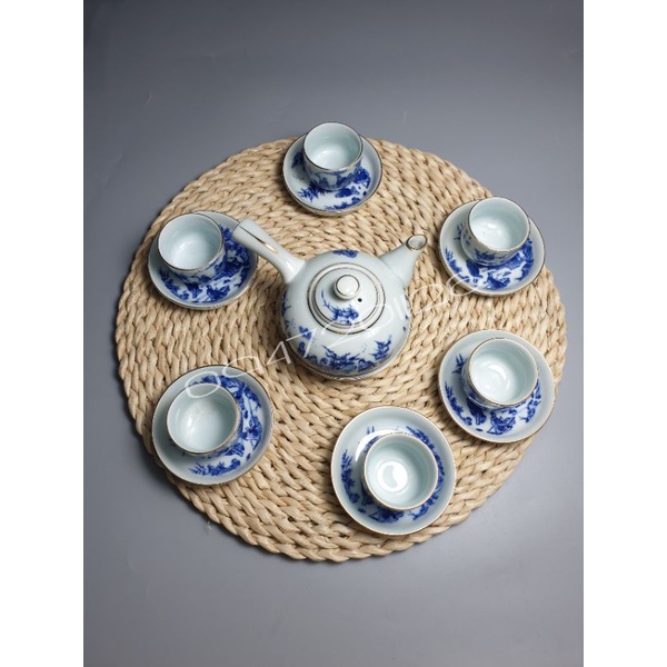 BỘ ẤM CHÉN BÁT TRÀNG MEN LAM TRÚC LÂM THẤT HIỀN QUAI NGANG 350ML