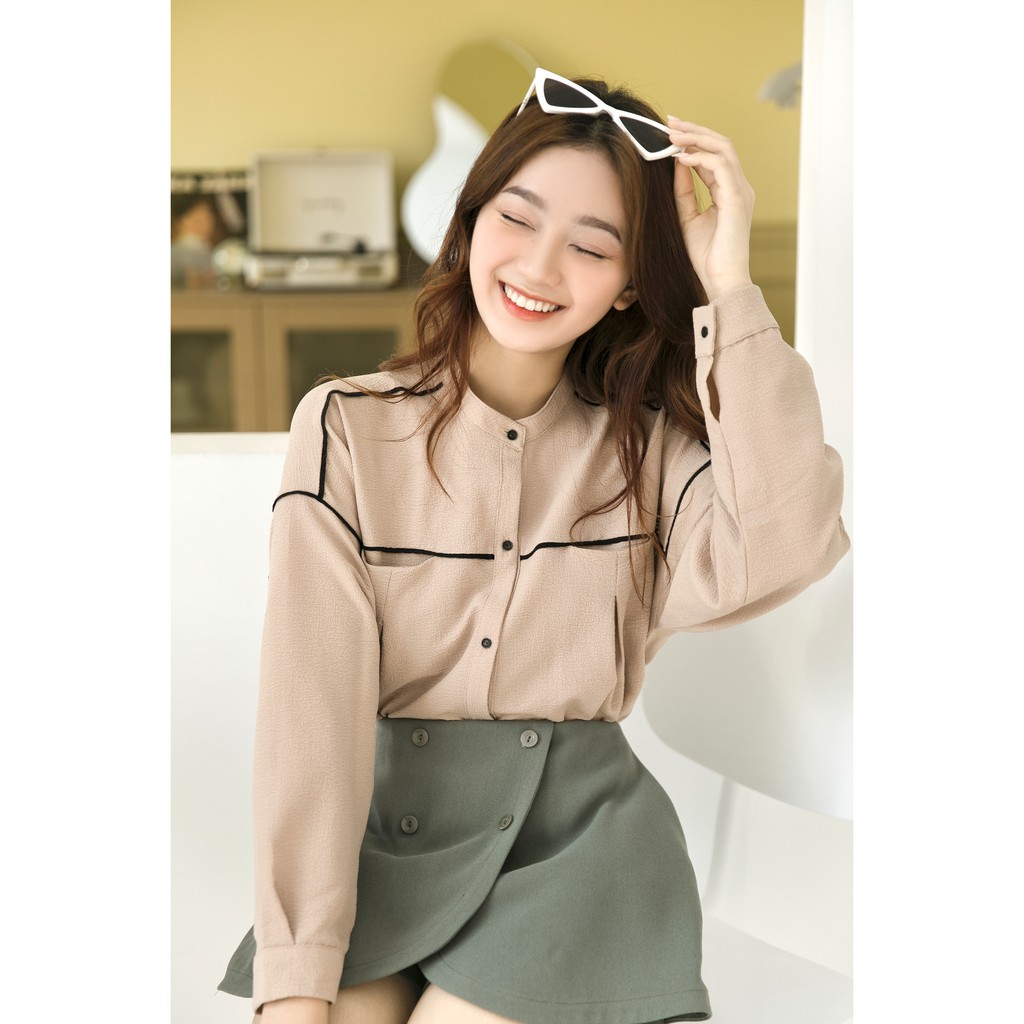 [Mã FAMALLT5 giảm 15% đơn 150k] [OVERSIZED] Áo sơ mi cổ trụ, viền đen, tay dài măng - set [VL4]