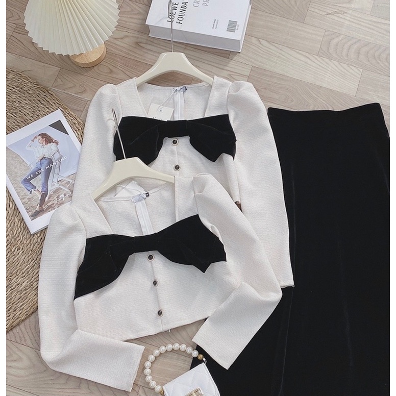 (A12)Set Dạ Nơ Ngực Chân Váy Nhung Midi tiểu thư