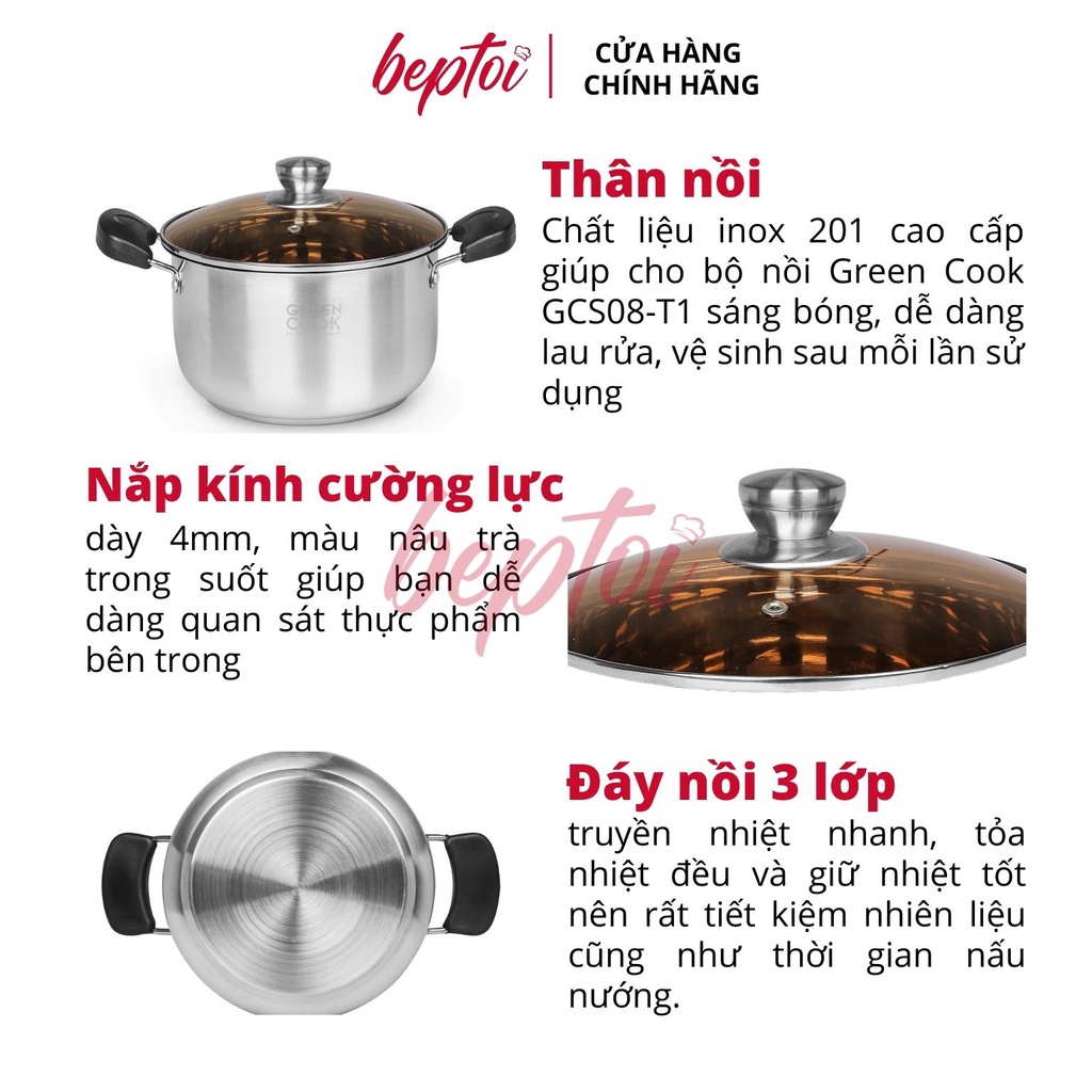 Bộ nồi inox cao cấp 3 đáy, nồi chống dính bếp từ Green Cook GCS08-T1