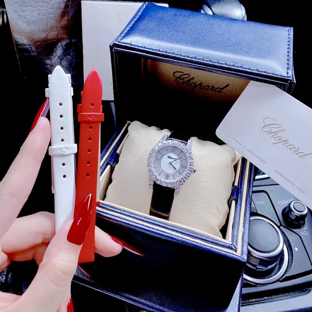 [TẶNG 2 DÂY DA] Đồng hồ nữ Chopard dây da mặt đính Swarovski sang trọng full box - Bảo Hành 24 tháng, chống nước 5ATM