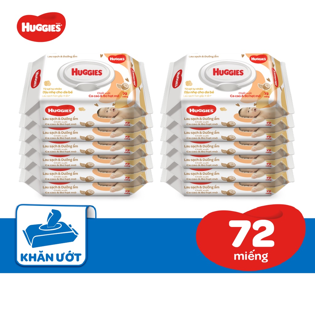 [Mã MKBHUGBU giảm 12% đơn từ 400K] Thùng 12 gói Khăn ướt Huggies chiết xuất Cao cao và Bơ hạt mỡ (72 miếng/gói)