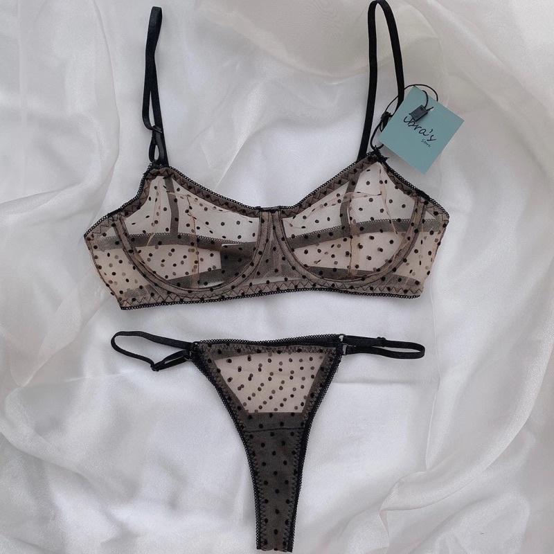 Bộ Đồ Lót Nữ iBRA Áo Ngực ren và Quần Lót Ren Xuyên Thấu Chấm Bi sexy, Lưới mỏng Thoáng Khí quyến rũ a9