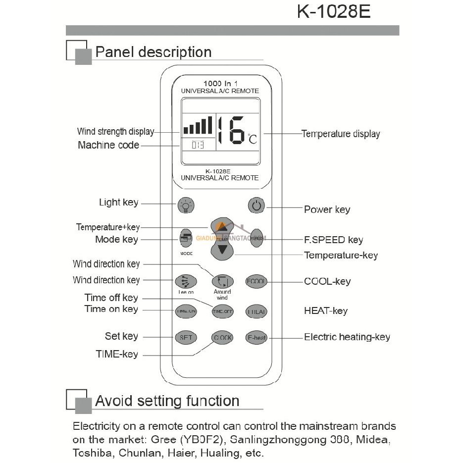 Điều khiển điều hòa đa năng K-1208E (Dùng cho tất cả các hãng điều hòa)
