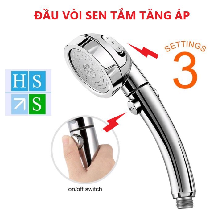 Bát sen tắm nóng lạnh cao cấp mạ CROM đầu vòi tắm tăng áp mặt Inox kèm nút tắt mở với 03 chế độ nước - HS Shop Đà Nẵng