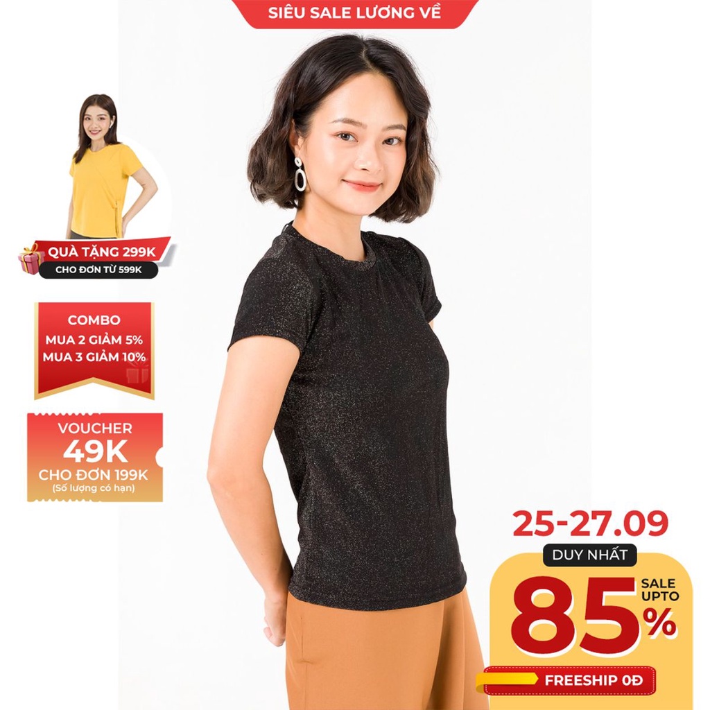 Áo thun khoét lưng VIEN TRAN V61S20H048( Đen kim tuyến/ Rêu)