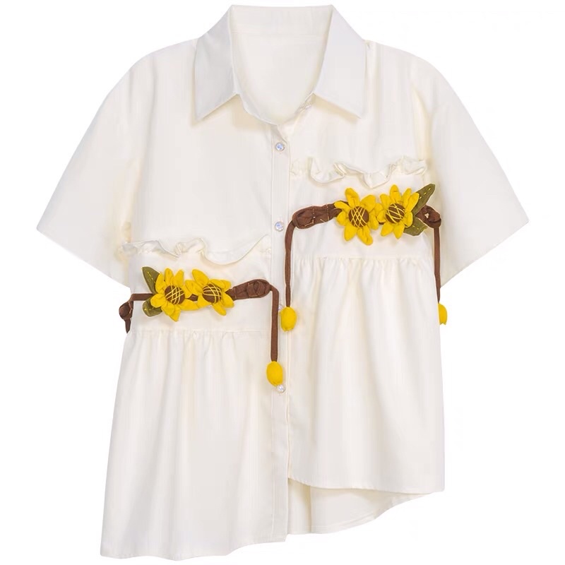 Áo sơ mi nữ cúc ngọc babydoll ngắn tay hình hoa mặt trời nổi phong cách mùa thu nhẹ nhàng