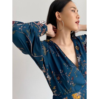 Đầm Hoa Xanh Thắt Nơ Eo EDINI - D1365