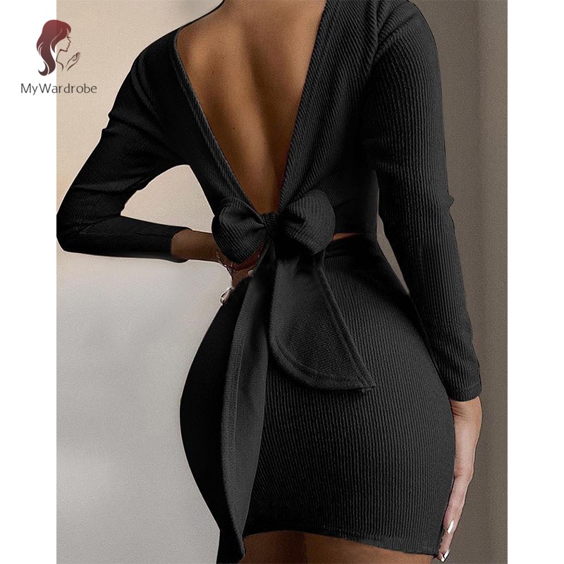 Đầm Mini Ôm Dáng Tay Dài Hở Lưng Phối Nơ Thời Trang Cho Nữ | BigBuy360 - bigbuy360.vn