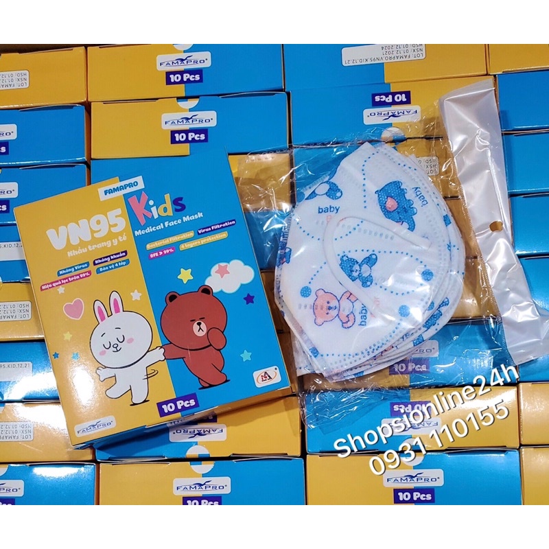 ✅ Hộp 10 cái khẩu trang cho trẻ em N95 , VN95 Famapro Nam Anh Hoạ tiết Gấu Xanh | BigBuy360 - bigbuy360.vn