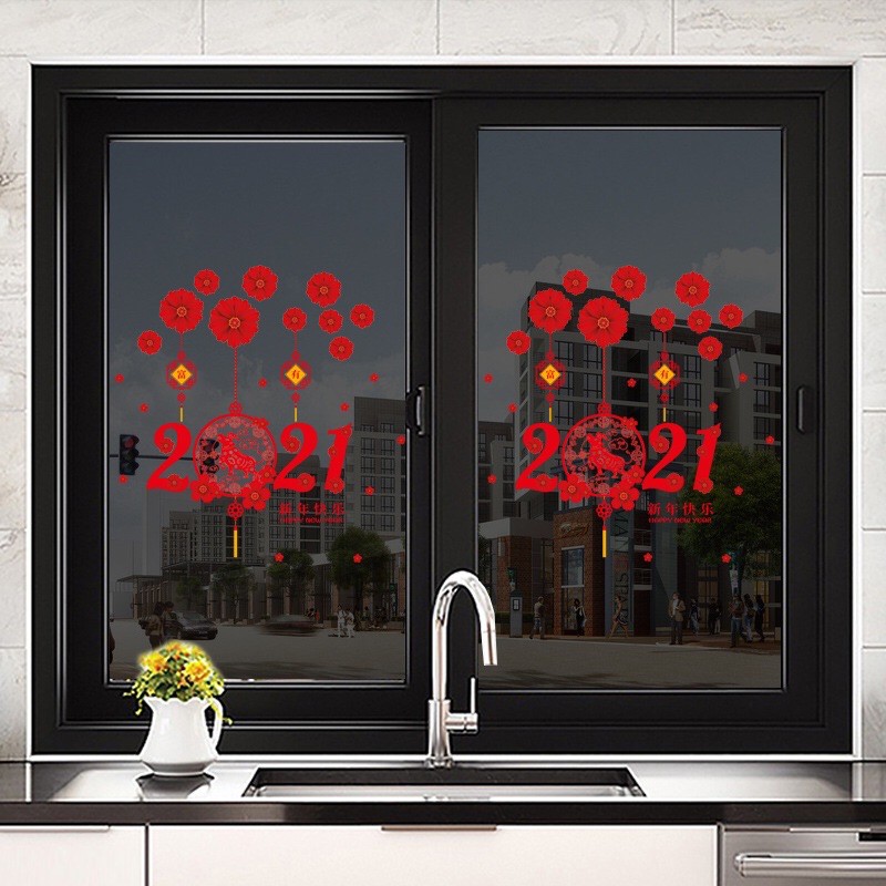 Decal trang trí Tết - 2021 Mai đỏ Trâu lớn mới