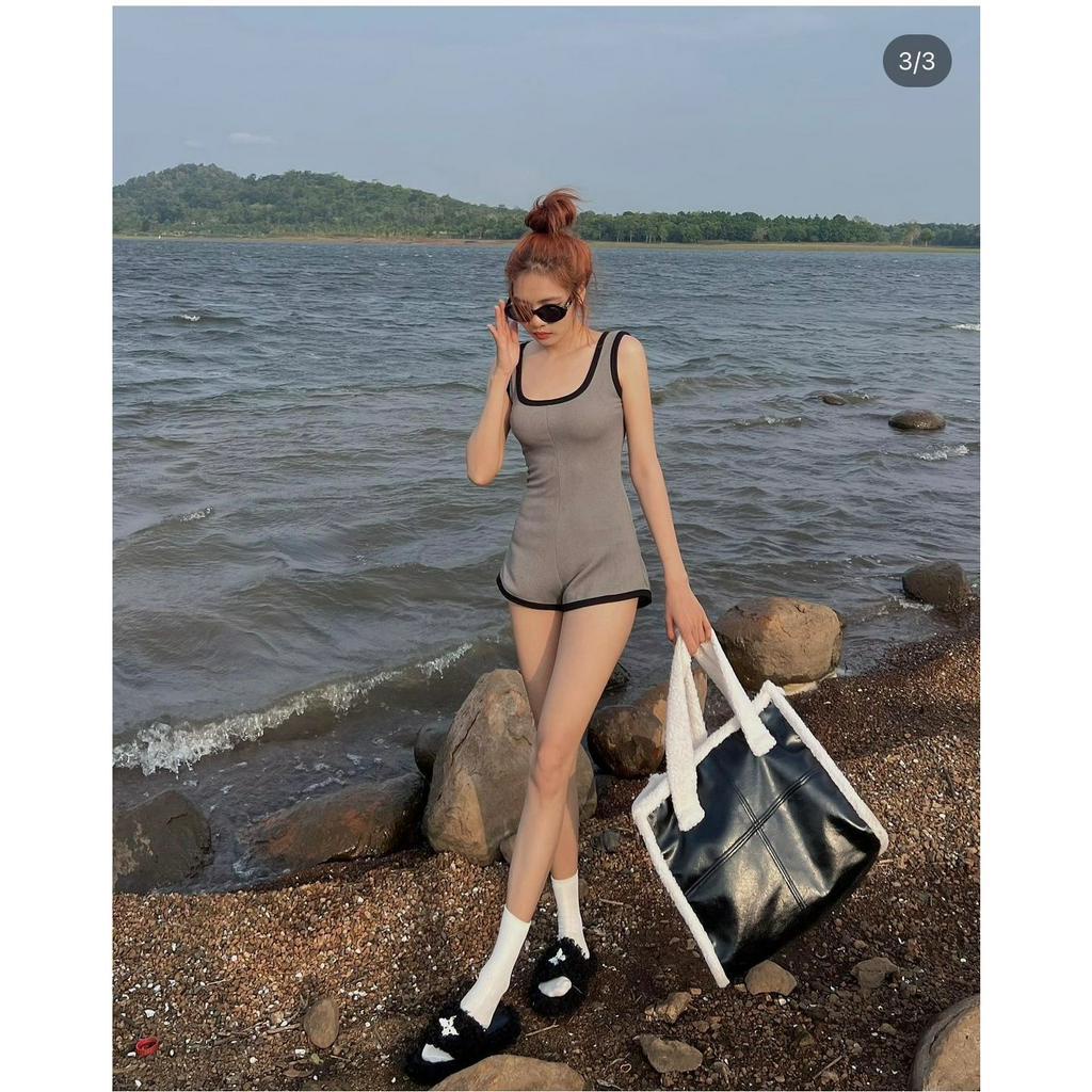 JUMPSUIT GÂN XÁM VIỀN ĐEN SHORT